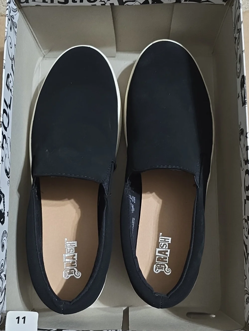 NWT Womens Brash Black Slip-On Sneakers with White Soles Size 11